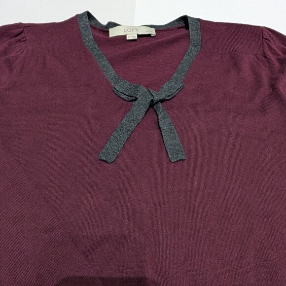 Ann Taylor Loft Burgundy Long Sleeve Scoop Neck with Bow Knit Sweater, SP - Picture 2 of 12